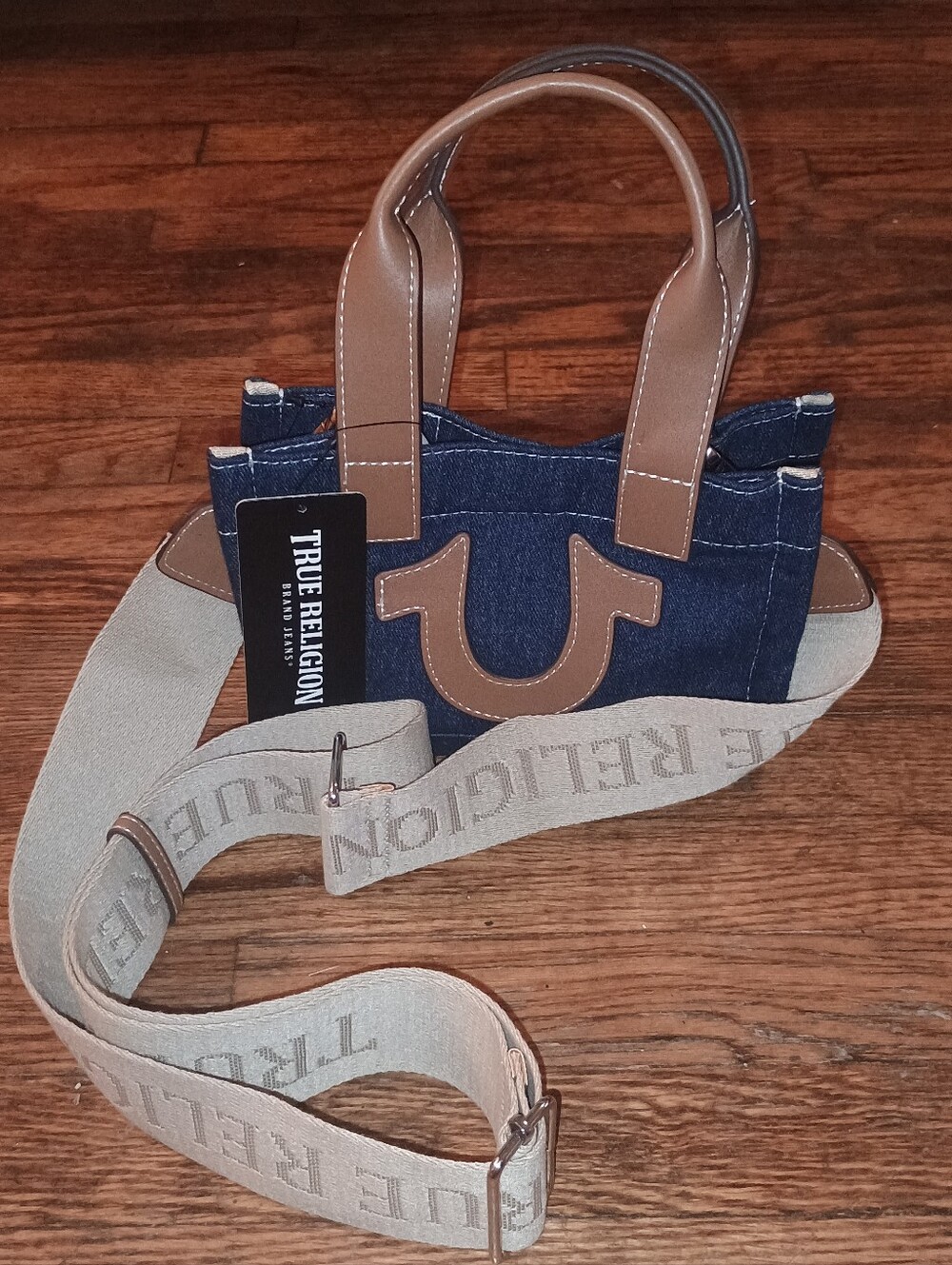 NWT True Religion Navy Denim Messenger Tote with Tan Leather Trim